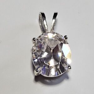 Sterling Silver Large Clear Oval Rhinestone Pendant